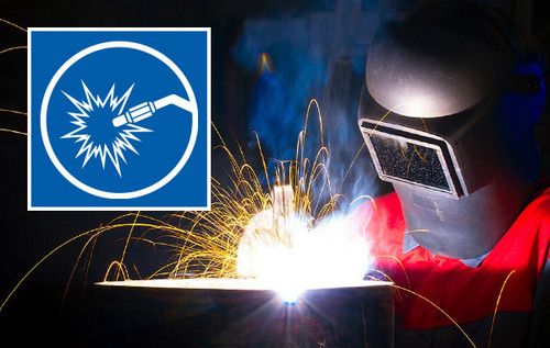 Schweißer mit Funkenflug, oben links Logo Schweißtechnische Tagung