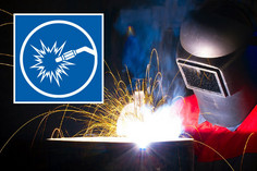 Schweißer mit Funkenflug, oben links Logo Schweißtechnische Tagung