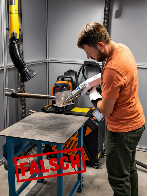 Ein Mann in mit kurzen Ärmeln steht in einer Schweißerkabine und bearbeitet ein Metallbauteil mit einem handgeführtem Laserschweißgerät. Der rote Schriftzug „FALSCH“ befindet sich im Vordergrund, die Person trägt keine erkennbaren Schutzmaßnahmen für Augen, Gesicht, Kopf oder Arme.