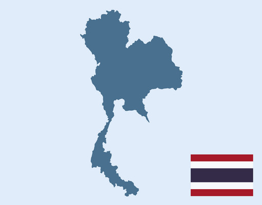 Länderumriss Thailand mit Nationalfahne unten rechts
