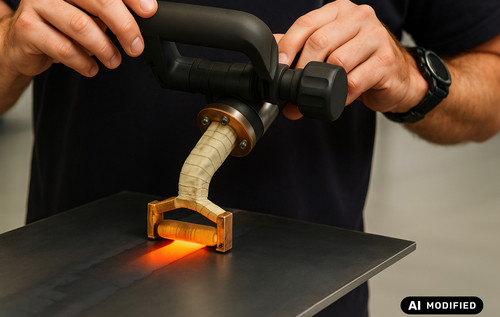 Eine Person hält ein Handgerät zum induktiven Richten über eine Metallplatte mit Schweißnaht; das Gerät leuchtet rot an der Kontaktstelle.