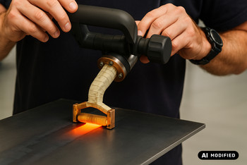 Eine Person hält ein Handgerät zum induktiven Richten über eine Metallplatte mit Schweißnaht; das Gerät leuchtet rot an der Kontaktstelle.