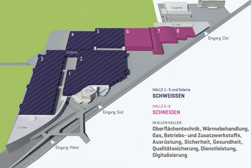 3D-Geländeplan der Messe Essen für die SCHWEISSEN & SCHNEIDEN 2025: Hallen 1–5 und Galeria: SCHWEISSEN (blauviolett); Hallen 6–8: SCHNEIDEN (magenta); In allen Hallen: Oberflächentechnik, Wärmebehandlung, Gas, Betriebs- und Zusatzwerkstoffe, Ausrüstung, Sicherheit, Gesundheit, Qualitätssicherung, Dienstleistung, Digitalisierung; Zugänge: Eingänge West, Süd und Ost; Orientierung: CC West (unten links), CC Süd (zentral), CC Ost & Grugahalle (oben rechts)