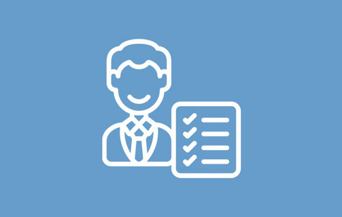 Clipart Logo Mann mit Krawatte und ausgefüllter Checkliste auf blauem Hintergrund