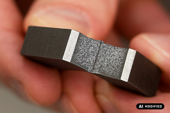 Hand hält ein metallisches Probestück nach einem Kerbschlagversuch