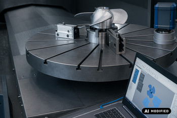 Zwei Männer und eine Frau stehen in einer modernen Fertigungshalle an einer CNC-Maschine mit großem Rundtisch, auf dem ein metallischer Propellerrohling eingespannt ist; rechts daneben ist ein blauer 3D-Laserscanner montiert, während im Vordergrund ein Laptop mit CAD-Modell des Propellers zu sehen ist