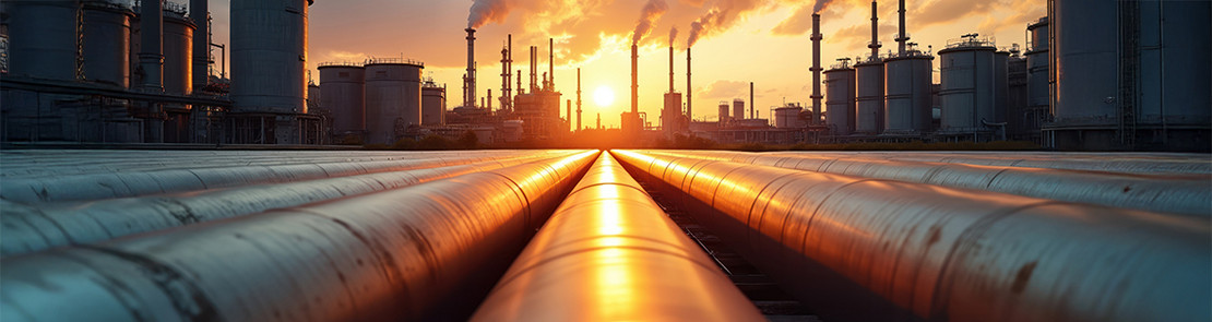 Industrieanlage mit großen Rohrleitungen im Vordergrund und rauchenden Schornsteinen bei Sonnenuntergang im Hintergrund.