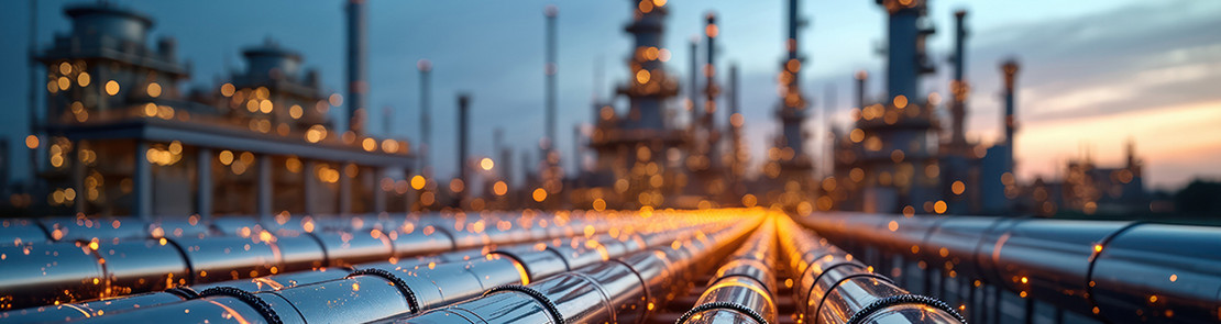 Industrieanlage mit großen Rohrleitungen im Vordergrund und Industrie bei Dämmerung im Hintergrund. Dazu Lichtfunken verteilt.