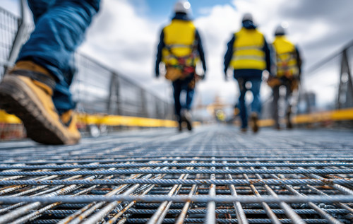 Vier Personen bewegen sich über einen Metallgitterrost auf einer Baustelle, im Vordergrund ist ein Schuh in Nahaufnahme zu sehen, im Hintergrund gehen drei Personen mit Warnwesten und Schutzhelmen von der Kamera weg. Seitlich verlaufen Geländer, die Oberfläche besteht aus einem engmaschigen Stahlgitter, das als Laufweg dient.
