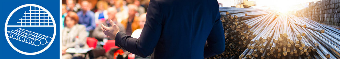 Kollage aus drei Bildern: links Logo Tagung Betonstahl, mitte Rückenansicht eines Vortragenden in dunklem Anzug vor einem voll besetzten Auditorium, rechts Betonstähle gestapelt