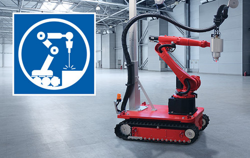 Ein mobiler Schweißroboter mit Kettenantrieb steht in einer leeren Industriehalle; oben links ist das Logo von der Tagung „Mobile Laserbearbeitung“