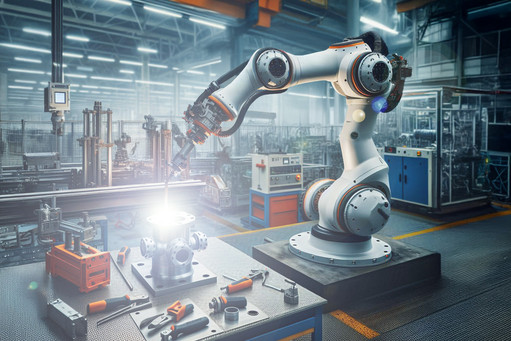 KI-generiertes Bild: Ein moderner Industrieroboter mit mehreren Gelenken schweißt ein Metallbauteil in einer automatisierten Fertigungshalle. Auf dem Tisch liegen Werkzeuge und Bauteile, im Hintergrund sind Maschinen und Steuerungseinheiten zu sehen.