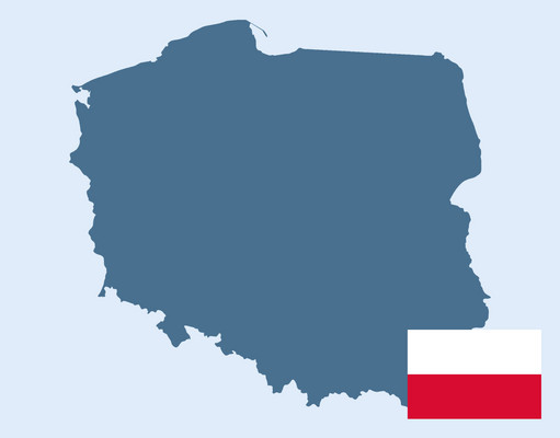 Länderumriss Polen mit Nationalfahne unten rechts