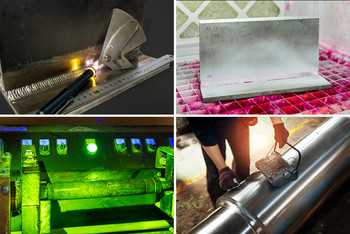 Vier einzelne Aufnahmen zeigen unterschiedliche Fertigungs- und Prüfprozesse: oben links eine Flamme beim Schweißen, oben rechts ein bearbeitetes Metallstück, unten links eine Maschine in grünem Licht bei der Bearbeitung und unten rechts ein glühendes Werkstück in einer Produktionsumgebung
