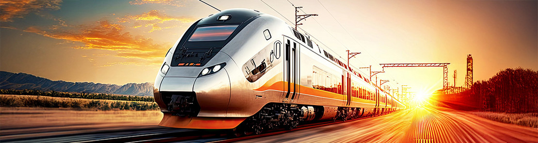 Ein moderner Zug fährt auf Gleisen durch eine Landschaft bei Sonnenuntergang, wobei die tief stehende Sonne direkt vor dem Zug steht. Im Hintergrund sind Berge, Strommasten und eine weite Ebene sichtbar.