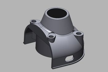 CAD-Modell eines technischen Bauteils in Grautönen mit Bohrungen, Flanschen und geschwungener Geometrie; dargestellt auf neutralem Hintergrund in isometrischer Ansicht.