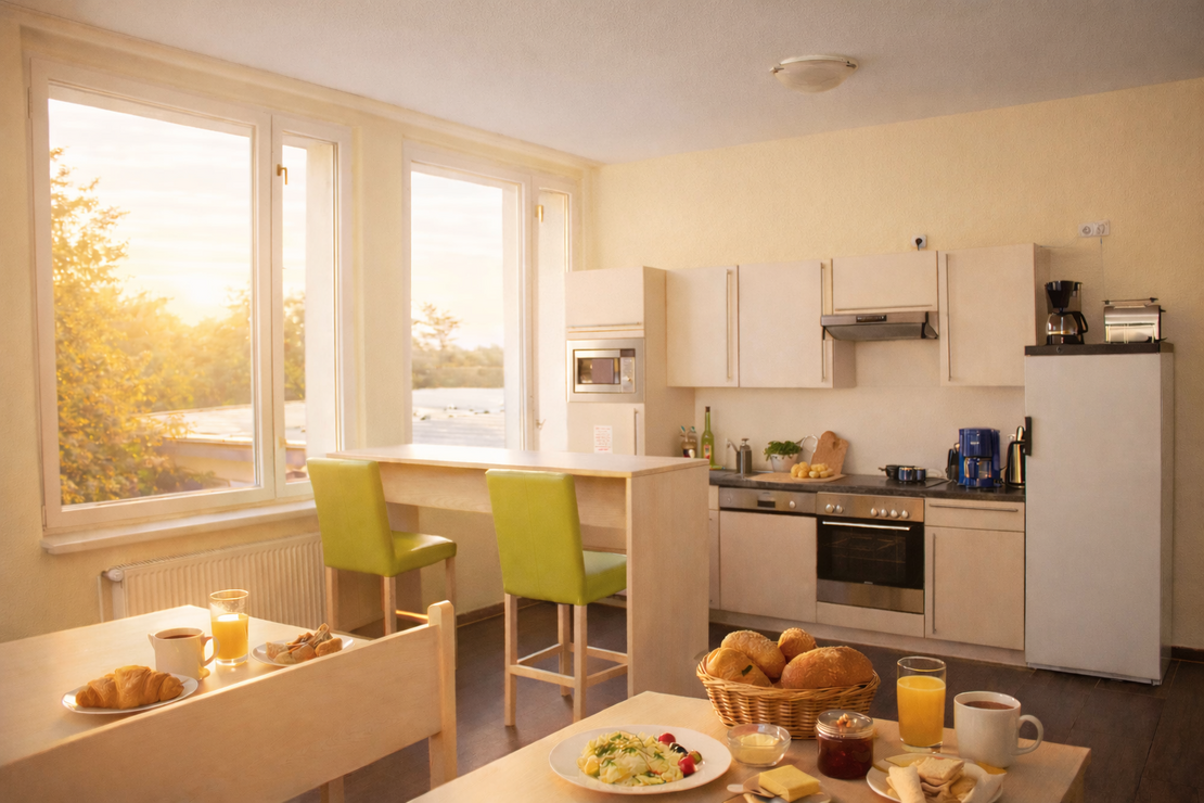 Helle, voll ausgestattete Küche mit diversen Sitzmöglichkeiten und Frühstück