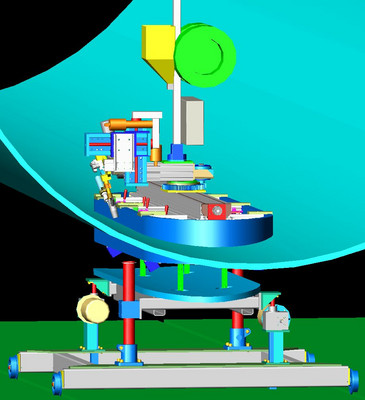 Bunte CAD-Darstellung einer komplexen Schweiß- oder Bearbeitungsvorrichtung mit rotierender Plattform und mehreren mechanischen Komponenten unterhalb eines großen blauen Behälters.