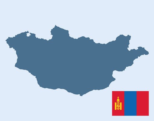 Länderumriss Mongolei mit Nationalfahne unten rechts