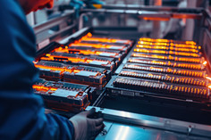 Person schiebt Lithium-Ionen-Batteriepack zusammen. Die Batterien haben einen kupferfarbenen Glanz.