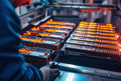 Person schiebt Lithium-Ionen-Batteriepack zusammen. Die Batterien haben einen kupferfarbenen Glanz.