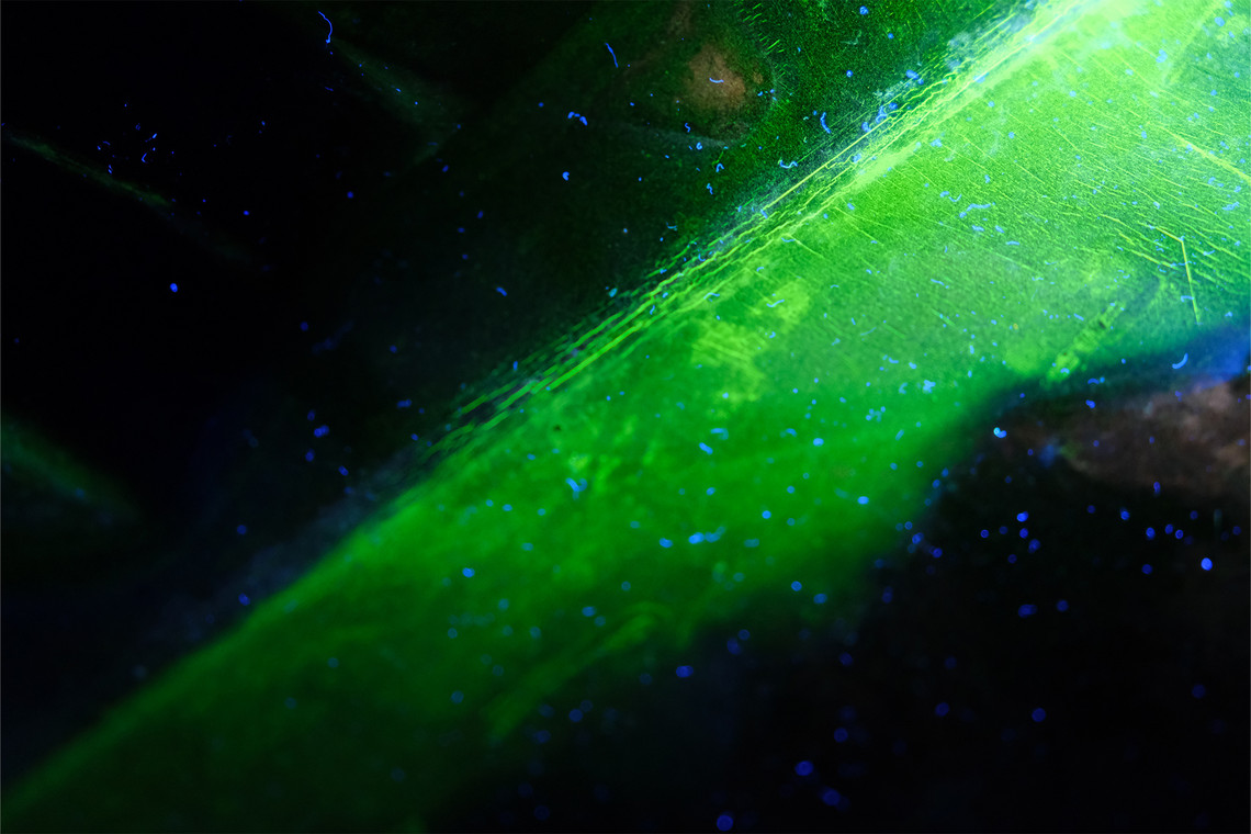 Grün fluoreszierende Oberfläche unter UV-Licht mit feinen Strukturen und blauen Partikeln.