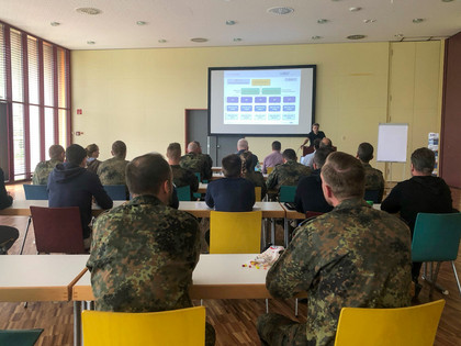 Teilnehmende in Bundeswehr-Uniformen sitzen in einem hellen Seminarraum und verfolgen eine Präsentation an der Leinwand, auf der eine strukturierte Übersicht mit farbigen Kästchen dargestellt ist.