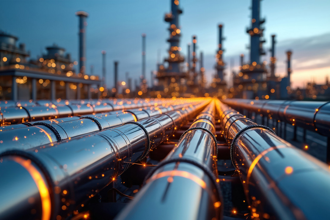 Industrieanlage mit großen Rohrleitungen im Vordergrund und Industrie bei Dämmerung im Hintergrund. Dazu Lichtfunken verteilt.