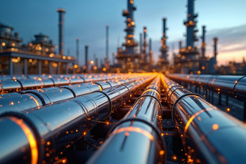 Industrieanlage mit großen Rohrleitungen im Vordergrund und Industrie bei Dämmerung im Hintergrund. Dazu Lichtfunken verteilt.