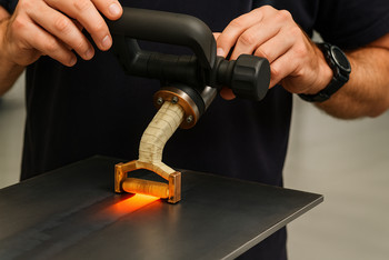 Eine Person hält ein Handgerät zum induktiven Richten über eine Metallplatte mit Schweißnaht; das Gerät leuchtet rot an der Kontaktstelle.