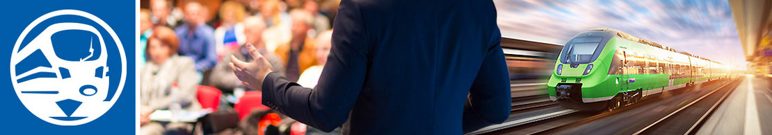 Kollage aus drei Bildern: links Logo Tagung Schienenfahrzeugbau, mitte Rückenansicht eines Vortragenden in dunklem Anzug vor einem voll besetzten Auditorium, rechts Ein grüner Regionalzug fährt mit hoher Geschwindigkeit durch einen Bahnhof, umgeben von moderner Architektur und Lichtspuren