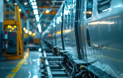 Eine Reihe von Metallwaggons oder Fahrzeugkarosserien steht in einer Industriehalle auf einer Fertigungslinie. Die Umgebung ist durch Maschinen, Schienenführungen und Beleuchtung entlang der Produktionsstrecke geprägt.