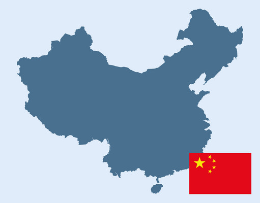 Länderumriss China mit Nationalfahne unten rechts