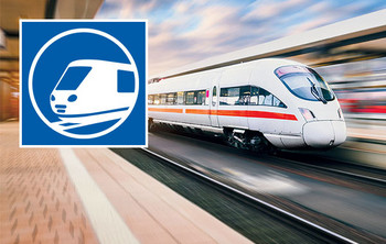 Ein weißer Fernzug mit rotem Streifen fährt mit hoher Geschwindigkeit durch einen Bahnhof, umgeben von moderner Architektur und Lichtspuren. Links oben Tagung Fügen und Konstruieren im Schienenfahrzeugbau