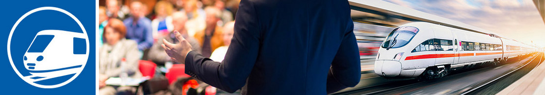 Kollage aus drei Bildern: links Logo Tagung Schienenfahrzeugbau, mitte Rückenansicht eines Vortragenden in dunklem Anzug vor einem voll besetzten Auditorium, rechts ein weißer Fernzug mit rotem Streifen fährt mit hoher Geschwindigkeit durch einen Bahnhof, umgeben von moderner Architektur und Lichtspuren 