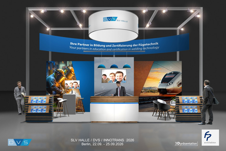 Messestand der SLV Halle, GSI SLV, DVS ZERT und SLV Mecklenburg-Vorpommern auf der InnoTrans 2026 mit modernem Design, zentraler Theke, großflächigen Grafiken und Sitzbereich für Beratungsgespräche.