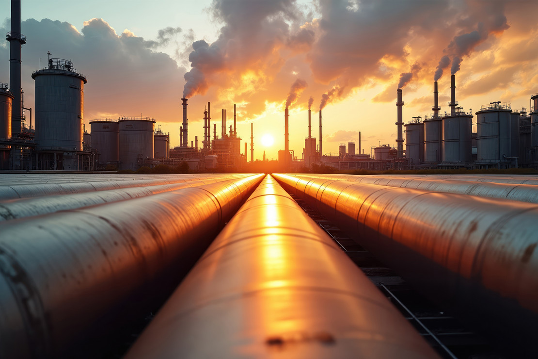 Industrieanlage mit großen Rohrleitungen im Vordergrund und rauchenden Schornsteinen bei Sonnenuntergang im Hintergrund.
