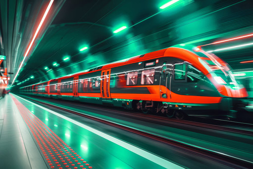 Moderner Hochgeschwindigkeitszug in einer nächtlich beleuchteten Bahnhofshalle, aufgenommen in dynamischer Perspektive mit roten und türkisfarbenen Lichtakzenten entlang des Zugkörpers und der Bahnsteigarchitektur.