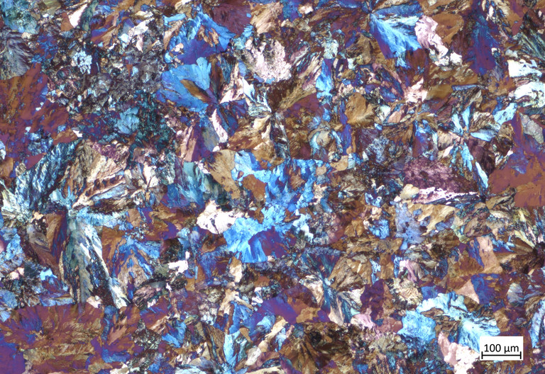 Mikroskopaufnahme eines metallischen Gefüges mit dicht angeordneten kristallartigen Strukturen in Blau, Braun, Violett und Weiß. Die Aufnahme zeigt ein feinkörniges Gefügemuster mit unterschiedlichen Reflexionen und enthält unten rechts einen Maßstab von 50 µm.