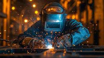 Schweißer mit Schutzhelm und Handschuhen arbeitet an einem Metallstück, während helle Funken und Schweißlicht die Szene erleuchten.