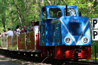 Bunte Parkeisenbahn mit blauer Lokomotive fährt durch einen Waldabschnitt, in offenen Waggons sitzen Erwachsene und Kinder; vorn ein Schild mit dem Buchstaben „P“, unten der Schriftzug „Parkeisenbahn Halle 2016“.