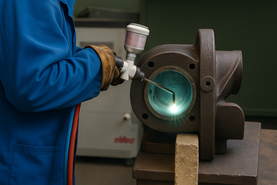 Person in blauer Arbeitskleidung hält ein Schweißgerät, das das Innere eines Bauteils aus Gusseisen grün beleuchtet