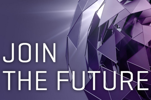 Grafik mit violett schimmernder, facettenreicher Kugel und dem Text „JOIN THE FUTURE“ sowie dem Hinweis „Join the future“ auf lila Hintergrund.