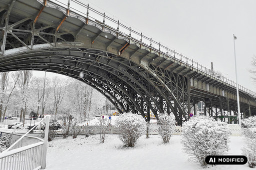 Eine große Brücke aus Altstahl überspannt eine schneebedeckte Landschaft. Der Boden ist vollständig mit Schnee bedeckt, vereinzelt stehen kleine Büsche oder Bäume im Vordergrund.