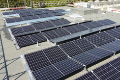 Mehrere Reihen von Solarpaneelen sind auf einem Flachdach installiert, umgeben von einem Sicherheitsgeländer; im Hintergrund befinden sich technische Aufbauten und Dachauslässe.