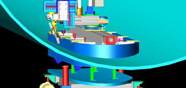 Farbiges 3D-Modell einer automatisierten Schweißvorrichtung zur Bearbeitung von Behältern oder Rohrsegmenten, dargestellt vor einem türkisfarbenen Halbzylinder.