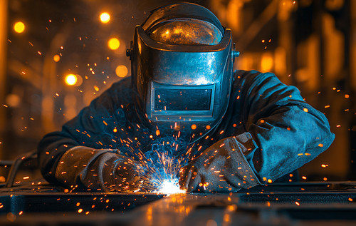 Schweißer mit Schutzhelm und Handschuhen arbeitet an einem Metallstück, während helle Funken und Schweißlicht die Szene erleuchten.