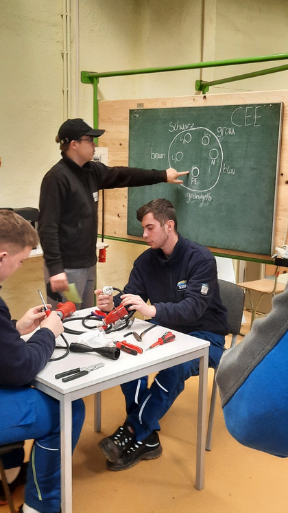 In einer Werkhalle zeigt eine Person auf eine Tafel mit einer technischen Zeichnung einer CEE-Steckdose, während zwei Auszubildende an einem Tisch elektrische Bauteile prüfen; Kabel und Werkzeuge liegen bereit.