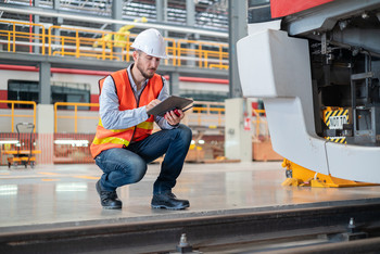 Ingenieur mit Schutzhelm und Warnweste kniet an einem Zug und arbeitet mit einem Tablet.