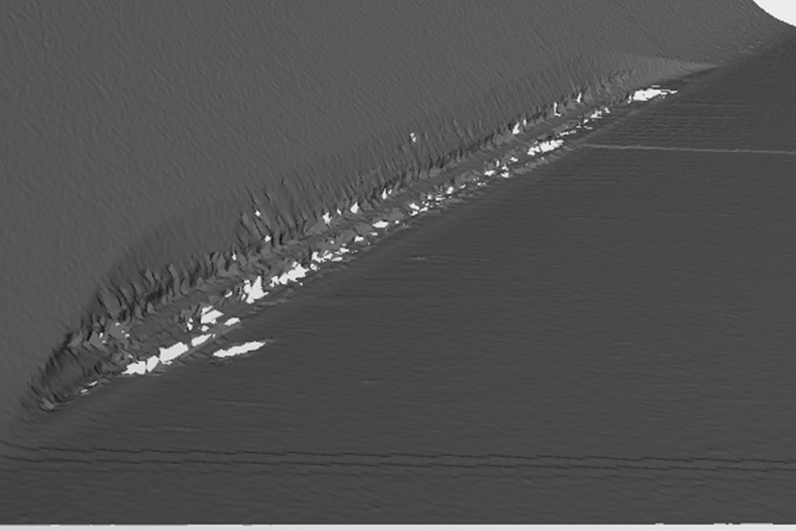 Graue 3D-Darstellung einer Schweißnahtoberfläche mit unregelmäßigen Strukturen.